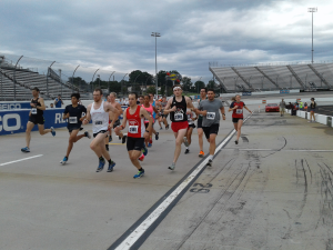 The beginning of the first mile, held at Martinsville Speedway in 2018. The event included several Roanoke Valley Elite runners; Sidney Allen, former MHS star miler and Carmen Graves, five time All American distance runner at Roanoke College.