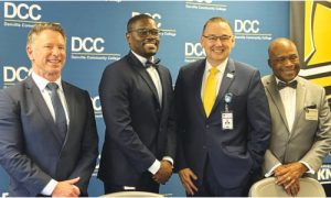 Pictured from Left to Right: Dr. David Doré, Chancellor of the Virginia Community Colleges System; Dr. Jerry Wallace, President of Danville Community College; Dr. Greg Hodges, President of Patrick & Henry Community College; Dr. Quentin Johnson, President of Southside Virginia Community College.
