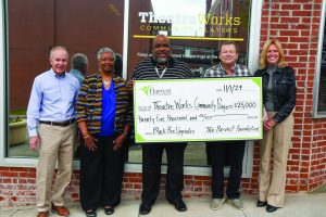TheatreWorks Community Players received a $25,000 PUP! grant from The Harvest Foundation to fund improvements at the Black Box Theatre in Uptown Martinsville. Pictured from left are Facilities Chair Richard Dorr, Co-President Gracie Agnew, Treasurer Ed Preston, Co-President Brad Draper, and Dr. Sandy Strayer, program officer at The Harvest Foundation.