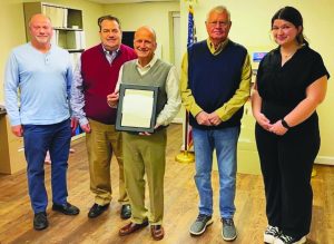 The Ridgeway Town Council honored C.D. Prillaman for his volunteer service to the community on January 7. From left to right: Councilmember Tim Wood, Mayor Craig O’Der, C.D. Prillaman, Vice Mayor Mike Bass, and Councilmember Maeve McCulloch.