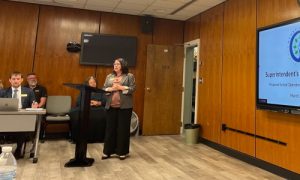 Henry County Schools Superintendent Dr. Amy Blake-Lewis explains the budget process to the board.