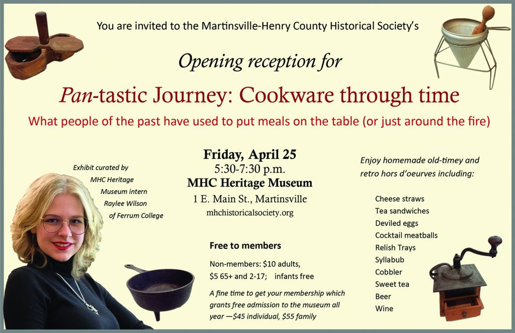 MHC Historical Society intern Raylee Wilson is seeking loans of antique cooking vessels and utensils, as well as locally significant recipes, for an upcoming exhibit on the history of local cooking.