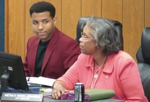 City Manager Aretha Ferrell-Benavides (right) discussed the National Forum for Black Public Administrators (NFBPA) conference at the April 22 City Council meeting as Assistant to the City Manager and Deputy City Clerk Peyton Niblett (left) looks on.
