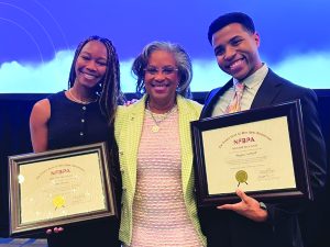 Sita Conde (left) and Peyton Niblett (right) received their NFBPA certifications at the 2025 conference and celebrated with City Manager Aretha Ferrell-Benavides (center).