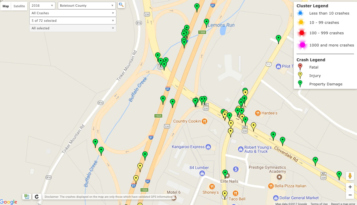 One-third of Botetourt vehicle accidents are on I-81; DMV map gives street-level details on where, causes, clusters of wrecks
