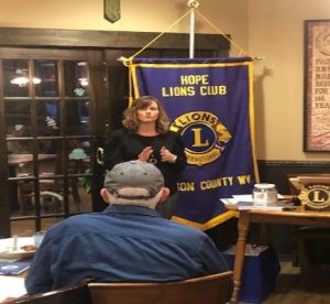 Shinnston native and Project AWARE manager for Harrison County schools Jill Fratto speaks about her program’s efforts to help kids whose families have been affected by substance use disorders and mental health problems while at the HOPE Lions Club regular meeting on March 10 at Meagher’s Irish Pub. 