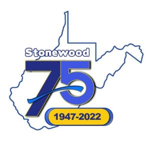 West Virginia Stonewood 75th anniversary logo, the numbers 75 and years 1947-2022 on a background of the state outline