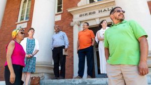 Rhondda R. Thomas (at far left) welcomed Virginia Tech faculty members from Outreach and International Affairs — including Susan E. Short (second from left), associate vice president of engagement, and Julie Walters Steele (second from right) — and three descendants of the Reynolds Homestead enslaved community — Kimble Reynolds Jr. ’88, M.S. ’95, Kevin Reynolds, and Kenneth Reynolds — to Clemson University last summer. Photo by Diane Deffenbaugh for Virginia Tech.