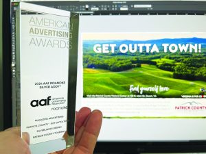 SilverLining Design was recognized with a Silver ADDY Award in the Print Advertising category for an ad with the phrase “Get Outta Town,” that was featured in the 2023 Virginia Travel Guide. Created for the Patrick County Tourism Department, the ad supports the continuing campaign to promote Patrick County as a scenic outdoor destination.