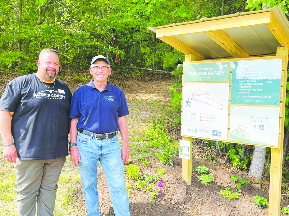 Tourism Director James Houchins and DRBA member and Rotarian Wayne Kirkpatrick show off the kiosk and trail map.