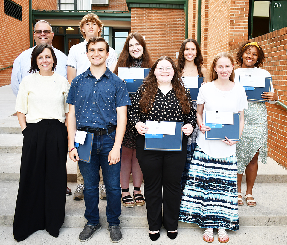 Pauline H & W Blair Clark Sr. Scholarship - Front (left-right) - Presenter Anna Lester, Draiden Archambo, Sabrine Rorrer, Hannah Wood, Back Row Presenter Blair Clark, Broc Taylor, Kali Craig, Madi Heath, Aniya Penn.