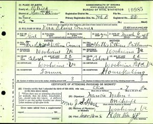 Vera Eloise Conner Harvey, Patrick County Birth Record