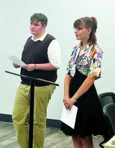 Dante Belcher (left) and Rylee Soliday (right) gave a presentation on the proposed dress code to the Patrick County School Board.