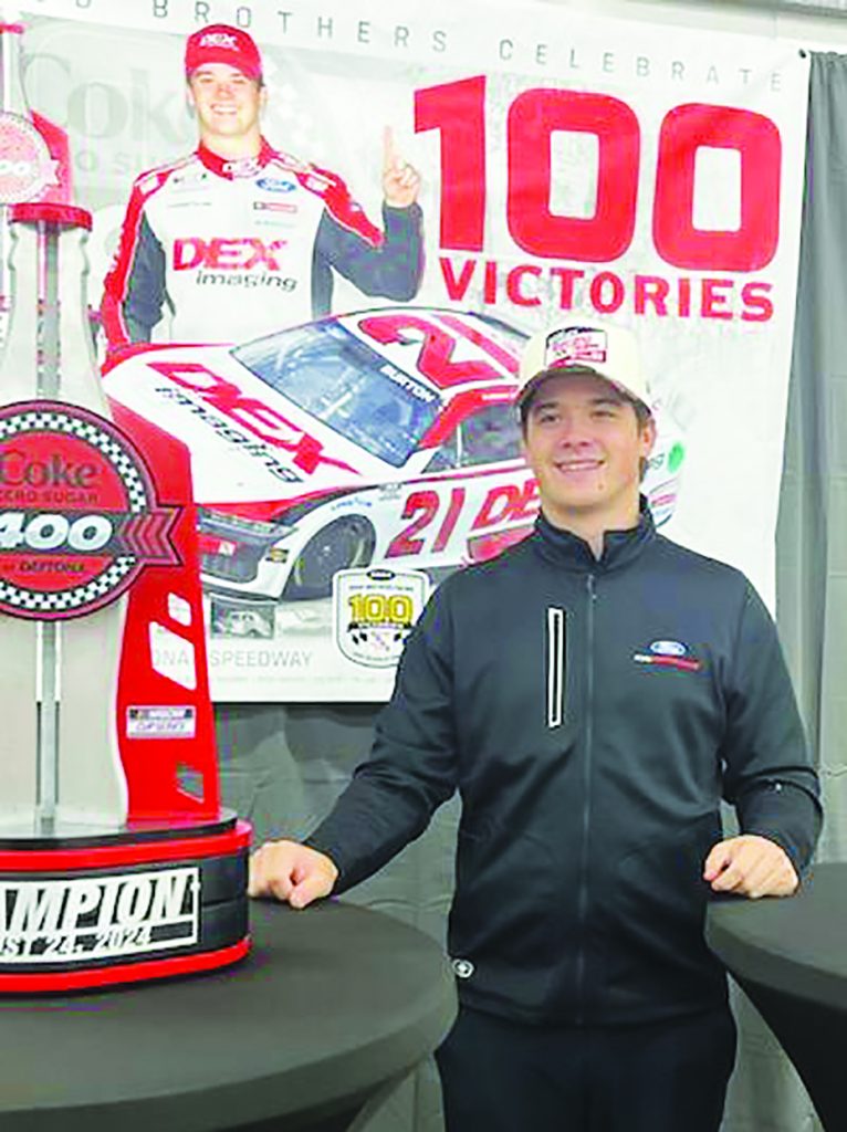 Harrison Burton clinched Wood Brothers Racing’s 100th win on August 24.