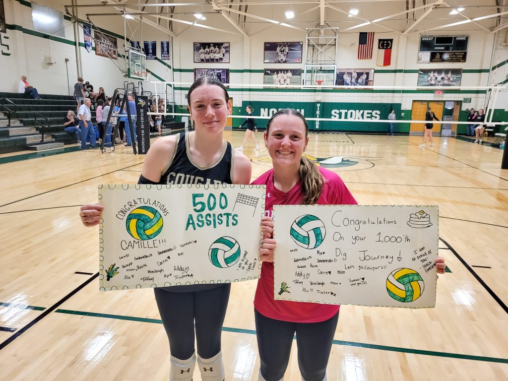 Camille Gonzalez (left) and Journey Moore hold up posters congratulating them on their milestones.