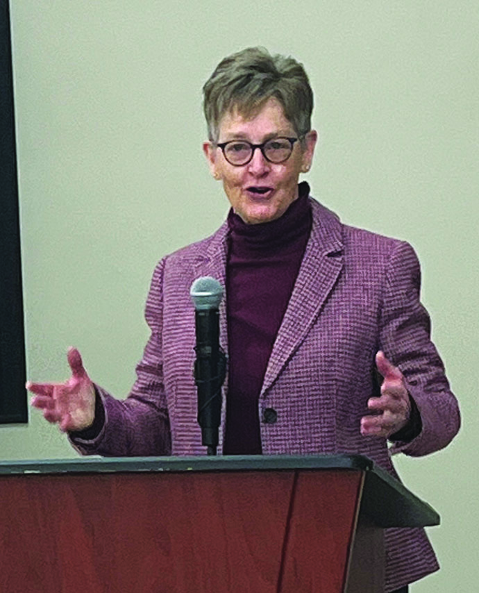 Carlene Cassidy, CEO of the Phillip E. and Carole R. Ratcliffe Foundation, addresses the crowd at the HEO Lab ribbon-cutting ceremony.