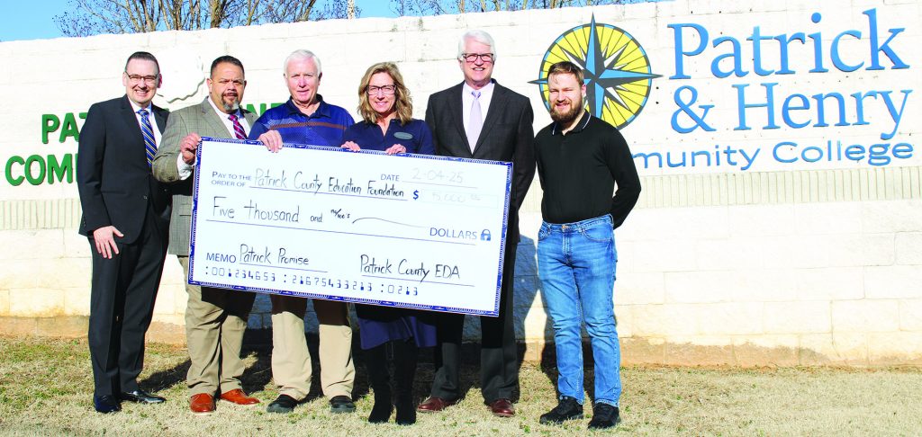 Dr. Greg Hodges, P&HCC President; James Houchins, Executive Director of Patrick County ED; Danny Foley, EDA Director; Tiffani Underwood, P&HCC Foundation Executive Director; Dr. Stewart Roberson, PCEF Chair; Noah Mabe, Small Business & Economic Development Coordinator
