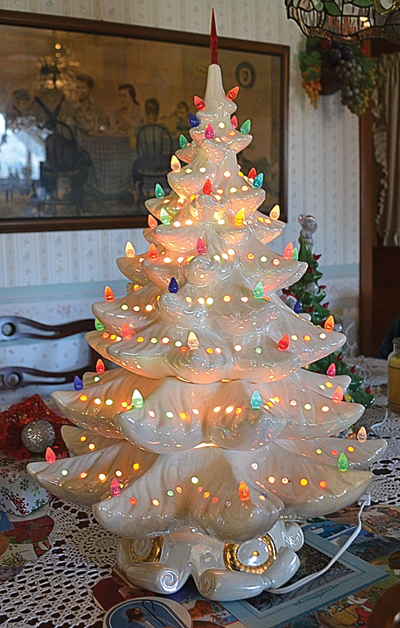 White Ceramic Christmas Tree With Multicolored Lights Antique Farmhouse