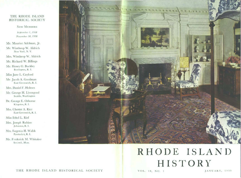 Cover of RI History, featuring an illustration of the Hampton room in the Henry Francis du Pont Winterarthur Museum