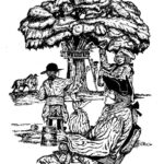 black and white illustration of four men in 18th century clothes, sitting, smoking, and working by a large tree.