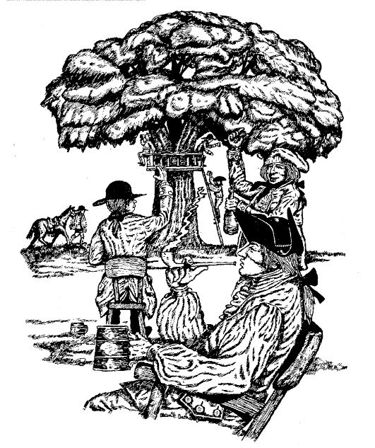 black and white illustration of four men in 18th century clothes, sitting, smoking, and working by a large tree.