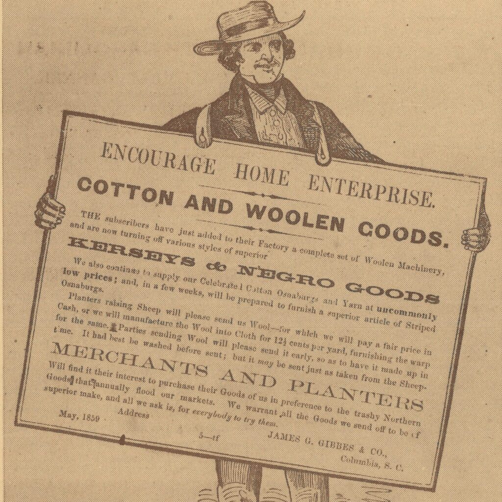 1860 Advertisement for Southern manufacturing. Depicts a jolly man wearing/holding a sign.