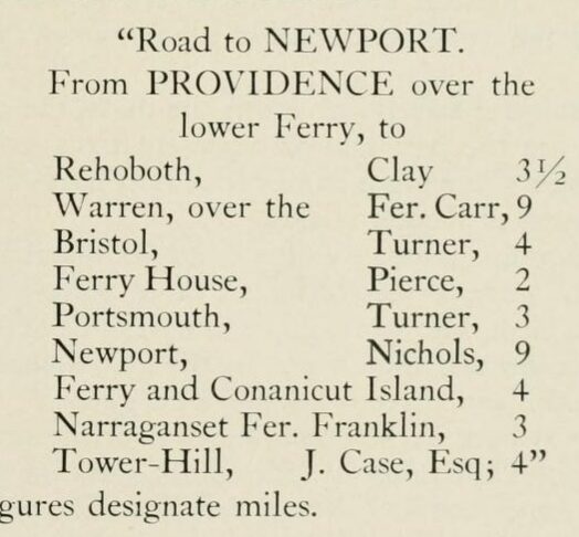 Stagecoach Route between Newport and Providence printed in "Almanack for 1763"