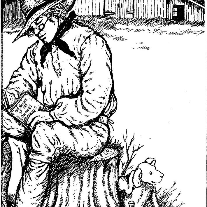 Illustration of Stephen Hopkins sitting on a tree stump reading a book.