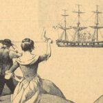 Illustration of people waving at a tall ship.