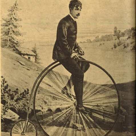 Illustration of a man atop a penny farthing bicycle