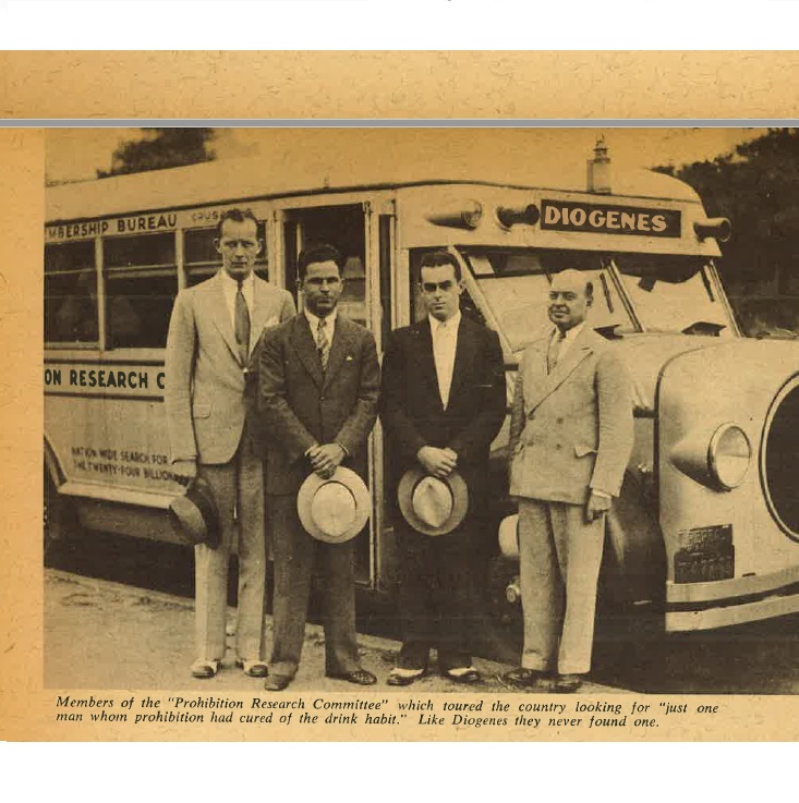 Group photo of the Members of the Prohibition Research Committee with their bus Diogenes