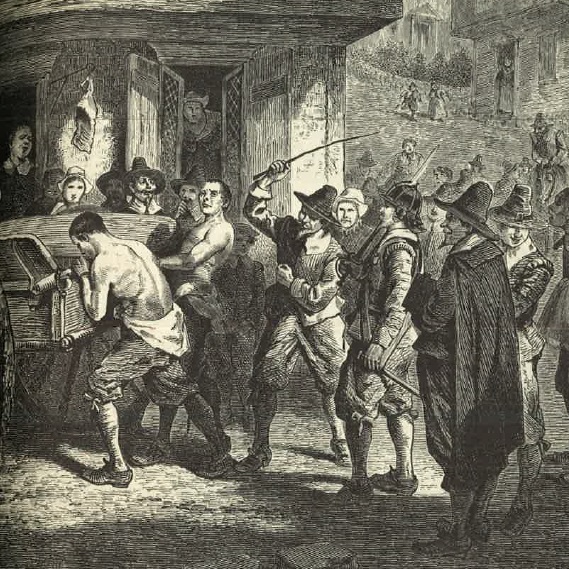 Illustration of The Puritans whipping the Quakers in Boston.