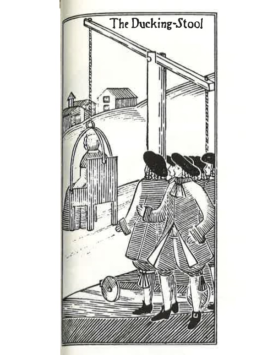 A group of Quaker men watching a woman being punished with a dunking stool