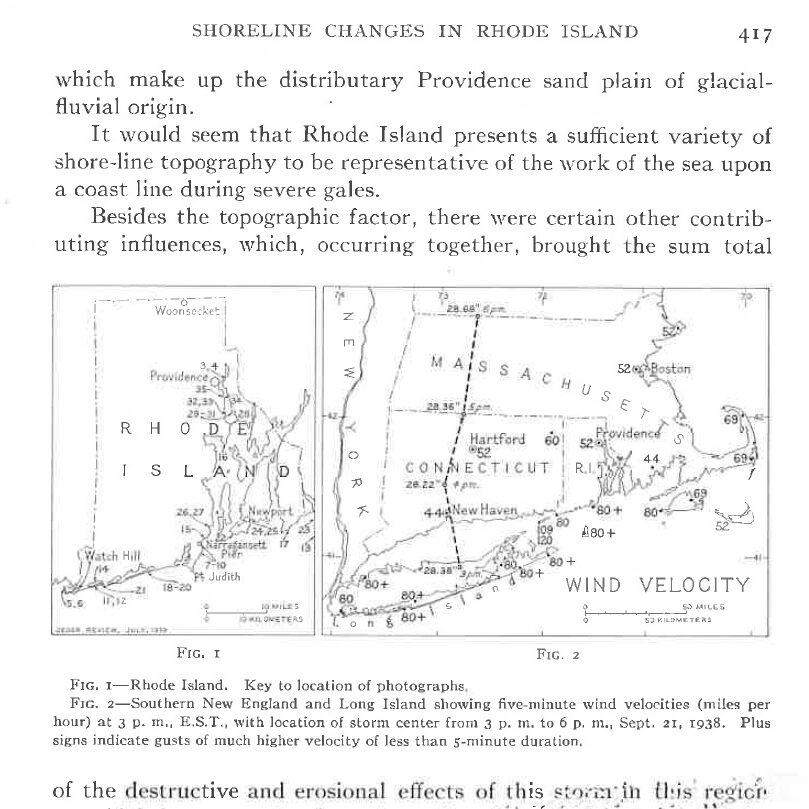 Excerpt from the article, featuring2 maps, one of RI with key locations marked and the other Southern New England and Long Island showing five-minute wind velocities.