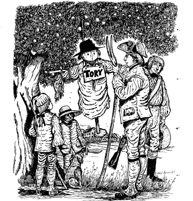 Illustration of 2 men and 2 boys mocking a Tory strawman hanging from an apple tree