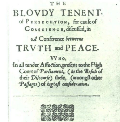 Title page of a 1644 London imprint of Roger Williams’ tract in defense of liberty of conscience.