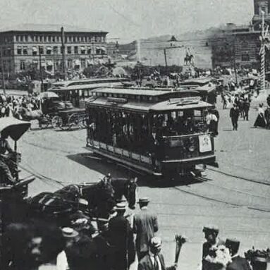 cropped photo of "Old Home Week" in Sept. 1908, featuring a streetcar or trolley.