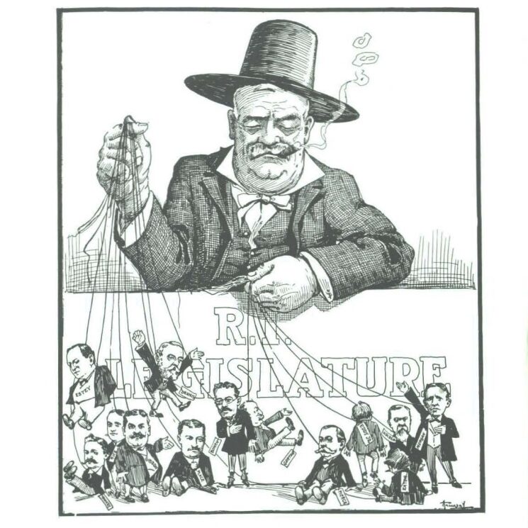 Political cartoon caricaturing Charles R. Brayton’s power over the Providence Legislators of the early 1900s.