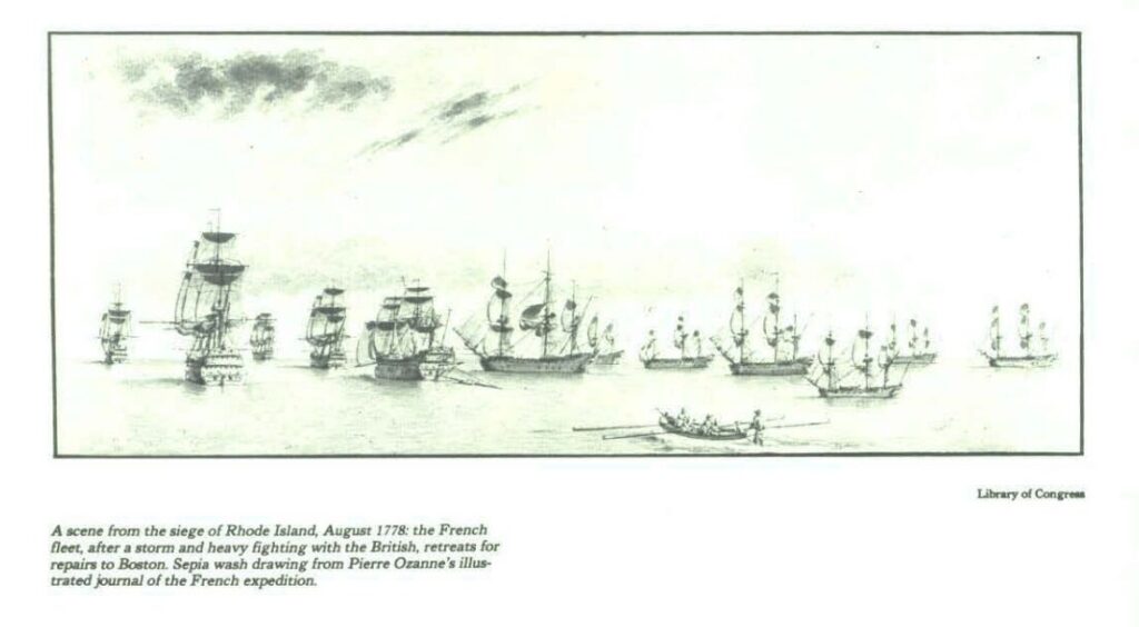 Drawing of a scene of the French fleet in Aug. 1778 retreating after a storm and heavy fighting at Rhode Island damaged the fleet.