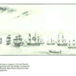 Drawing of a scene of the French fleet in Aug. 1778 retreating after a storm and heavy fighting at Rhode Island damaged the fleet.