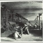 Illustration of women and men at work at a textile mill.