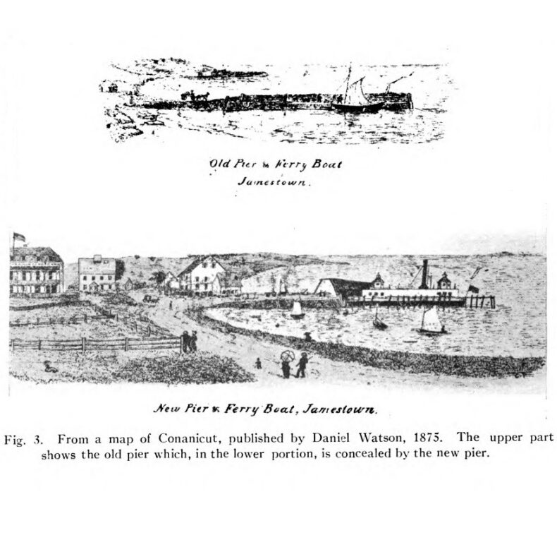 Illustrations of the old pier with ferry boat and new pier with ferry boat at Jamestown, taken from a map published in 1875