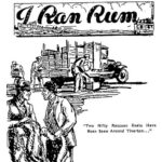 Illustration of rum runners with the words "Two nifty raccoon coats have been seen around Tiverton"
