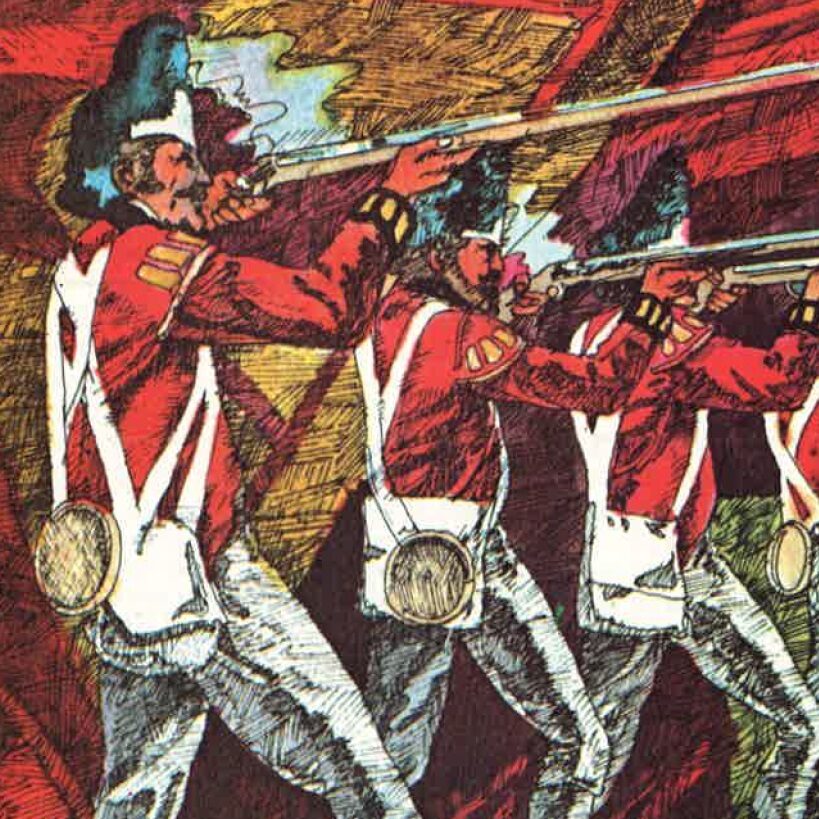 Illustration of redcoats in a firing line, shooting their muskets.