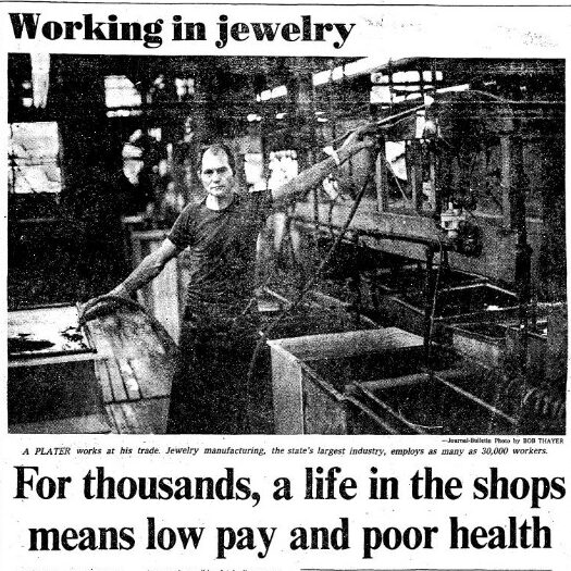 A plater works at his trade. Jewelry manufacturing, the state’s largest industry, employs as many as 30,000 workers. For Thousands, a life in the shops means low pay and poor health.