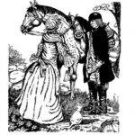 illustration of a woman in colonial dress talking to a postman with his horse