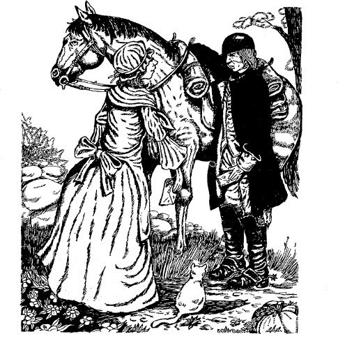 illustration of a woman in colonial dress talking to a postman with his horse