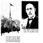 2 photos. Left:Last flag to fly from the steel tower that is visible for miles at sea is about to come down. Station is being deactivated because the property is being sold by Eaton family. Right: Capt. Joseph L. Eaton was first of his family to operate weather station at his Saunderstown home.