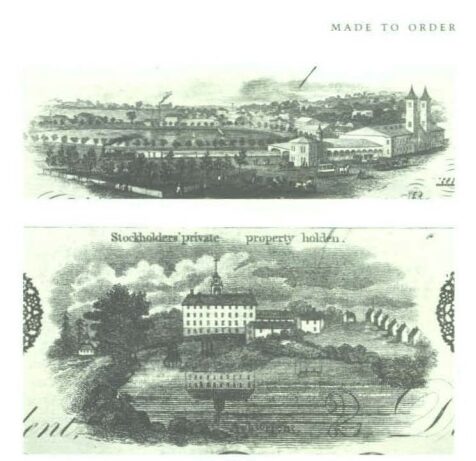 2 figures: Tefft railroad station (Union Station) Providence, from a Westminster Bank Note. Arkwright Mill, Coventry, from a Mount Hope Bank note.