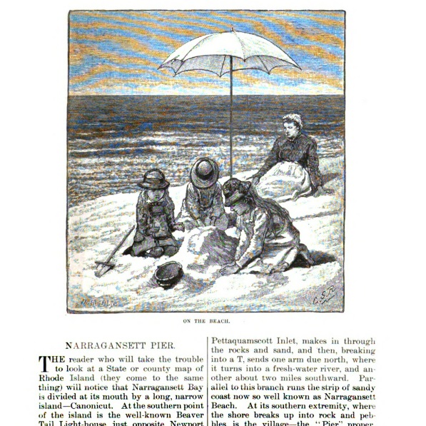 First page of the article, featuring an illustration of women and children playing on the beach